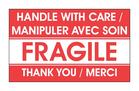 Bilingual English/French Labels - "Handle with Care/Fragile/Thank You", 3 x 5"