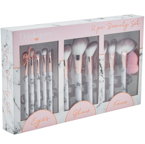 GloTech 12-Piece Makeup Brush Glow Set for Eyes and Face. Marble