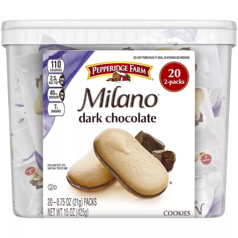 Pepperidge Farm Dark Chocolate Milano Cookies Multi-Pack Tub. 20 ct. 15 oz.