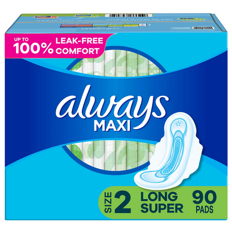 Always Maxi Long Super Pads. Unscented - Size 2 (90 ct.)