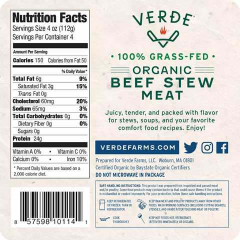 Verde Farms Organic Beef Stew Meat. 16 oz.