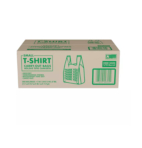 Small T-Shirt Carry-Out Bags. 7" x 5" x 15" (2.000 ct.)