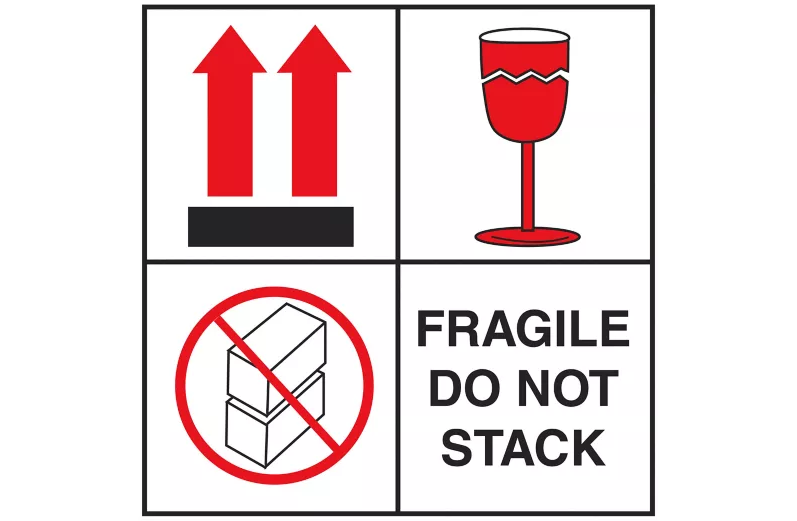 International Safe Handling Labels - "Fragile/Do Not Stack", 4 x 4"