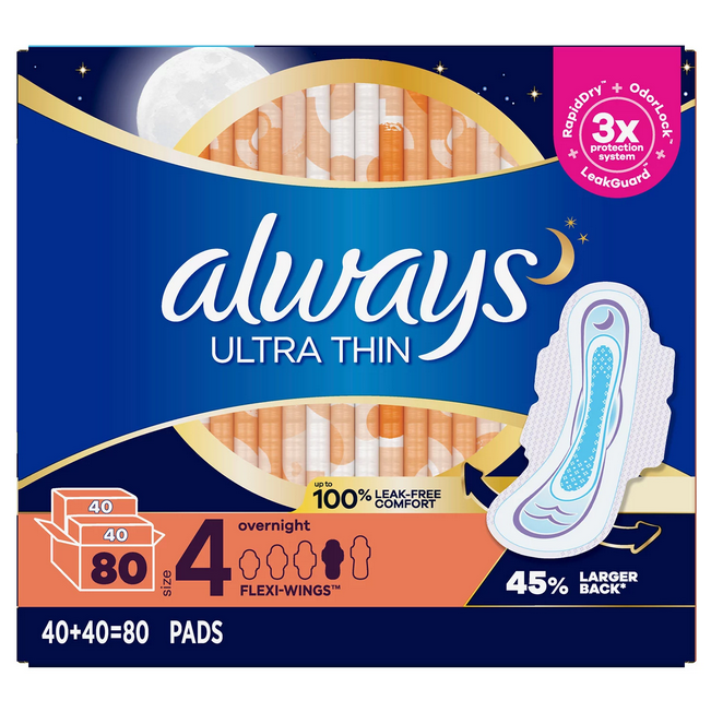 Always Ultra Thin Overnight Pads with Wings (80 ct.)